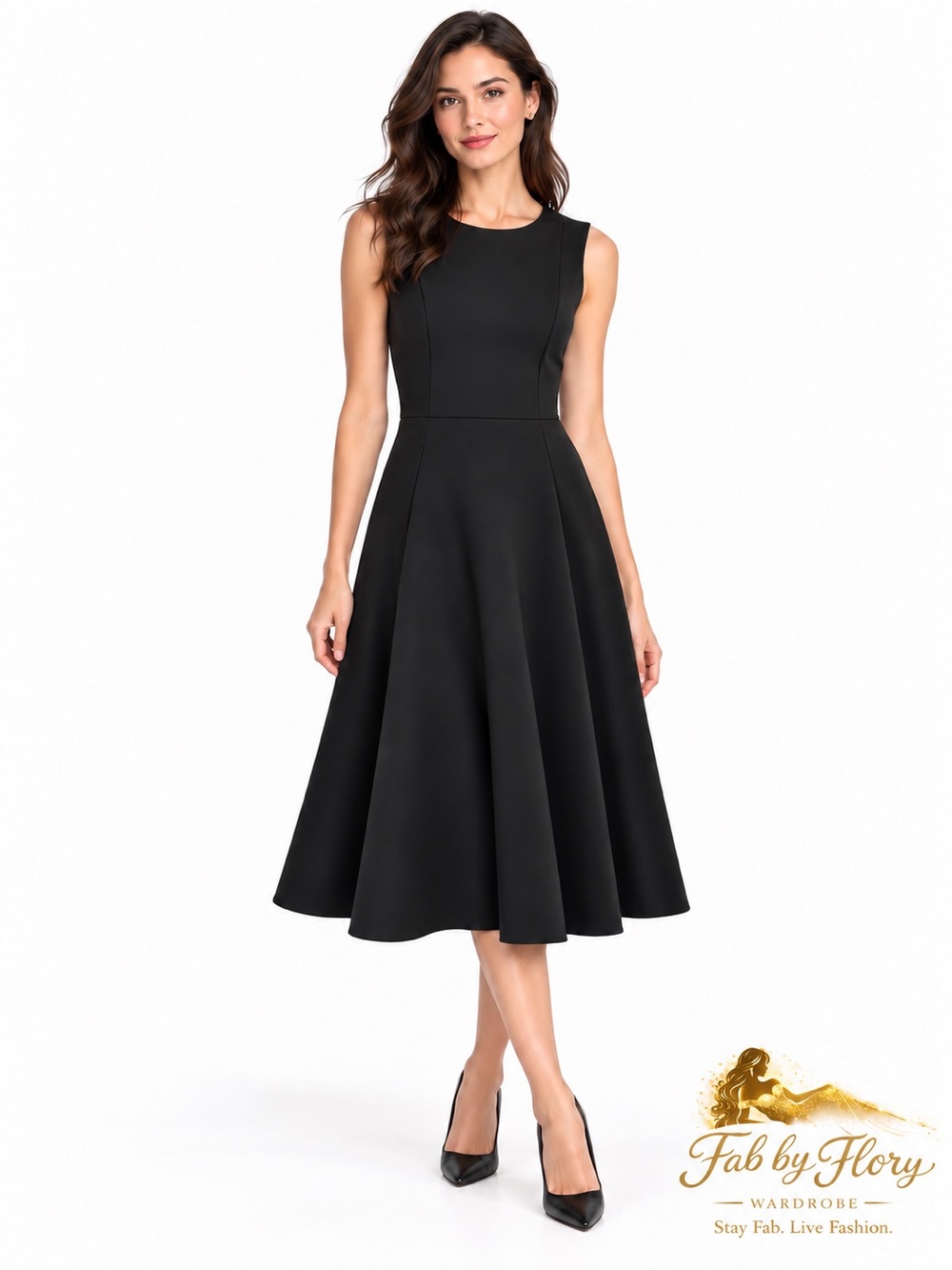 Calvin Klein Black Sleeveless Fit & Flare Midi Dress with Gold Back Zipper
